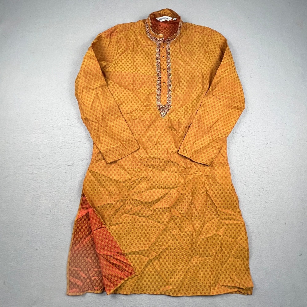 Paridhan Kurta Tunic Mens 36 Gold Yellow Red Embroidered Ethnic Wedding Top